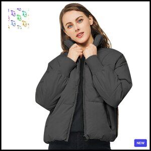 Cropped Puffer Jacket Winter Down Coat Baggy Fit Long Sleeve Zip Chic